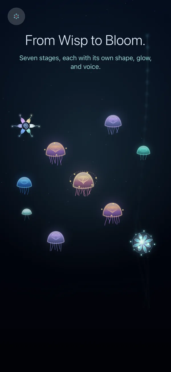 From Wisp to Bloom. Seven stages, each with its own shape, glow, and voice.