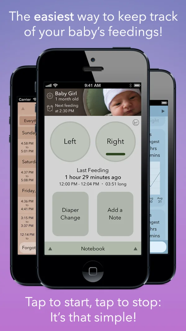 Tap to start, tap to stop. Left and Right timer buttons, the last feed, and buttons for a diaper change or a note.
