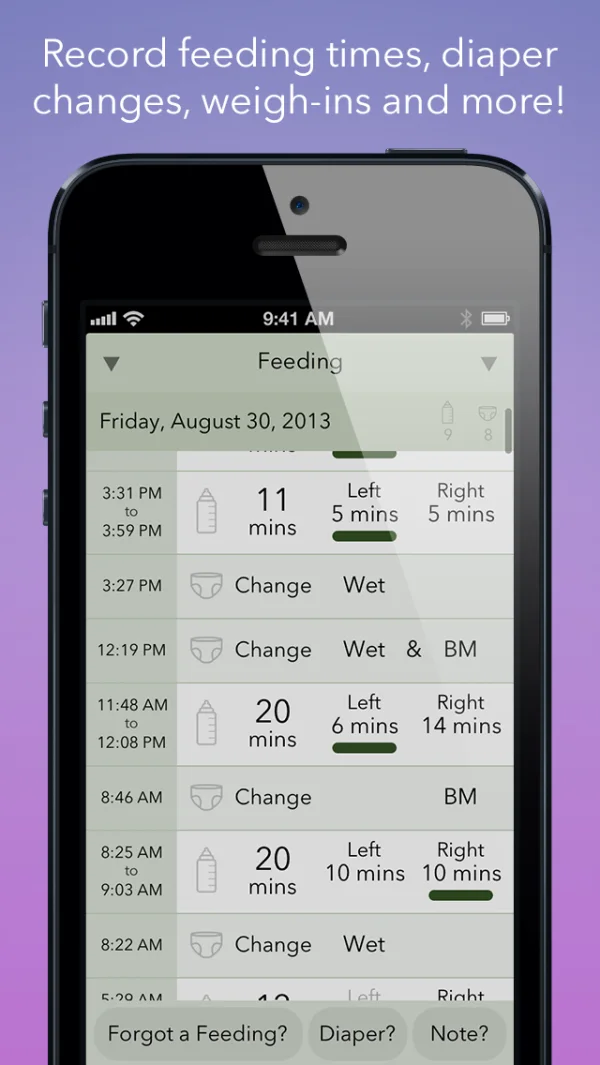 Record feeding times, diaper changes, weigh-ins and more. A day's log of feeds by side and diaper changes.
