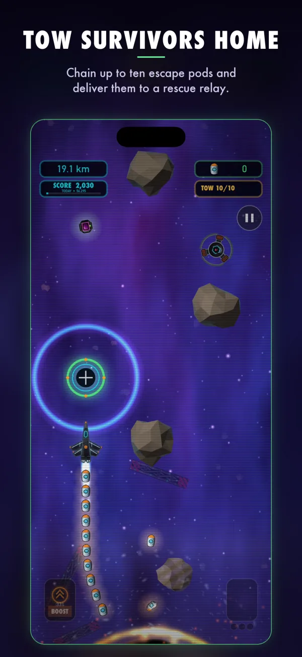 Tow survivors home. Chain up to ten escape pods and deliver them to a rescue relay.