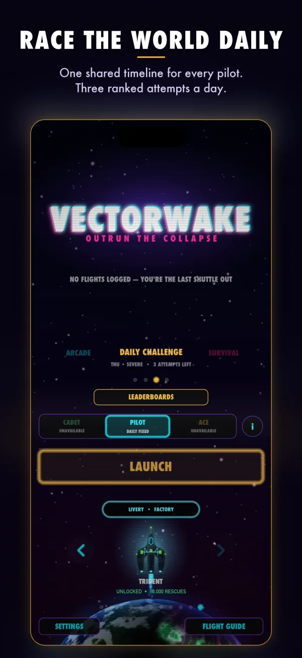 Race the world daily. One shared timeline for every pilot. Three ranked attempts a day.